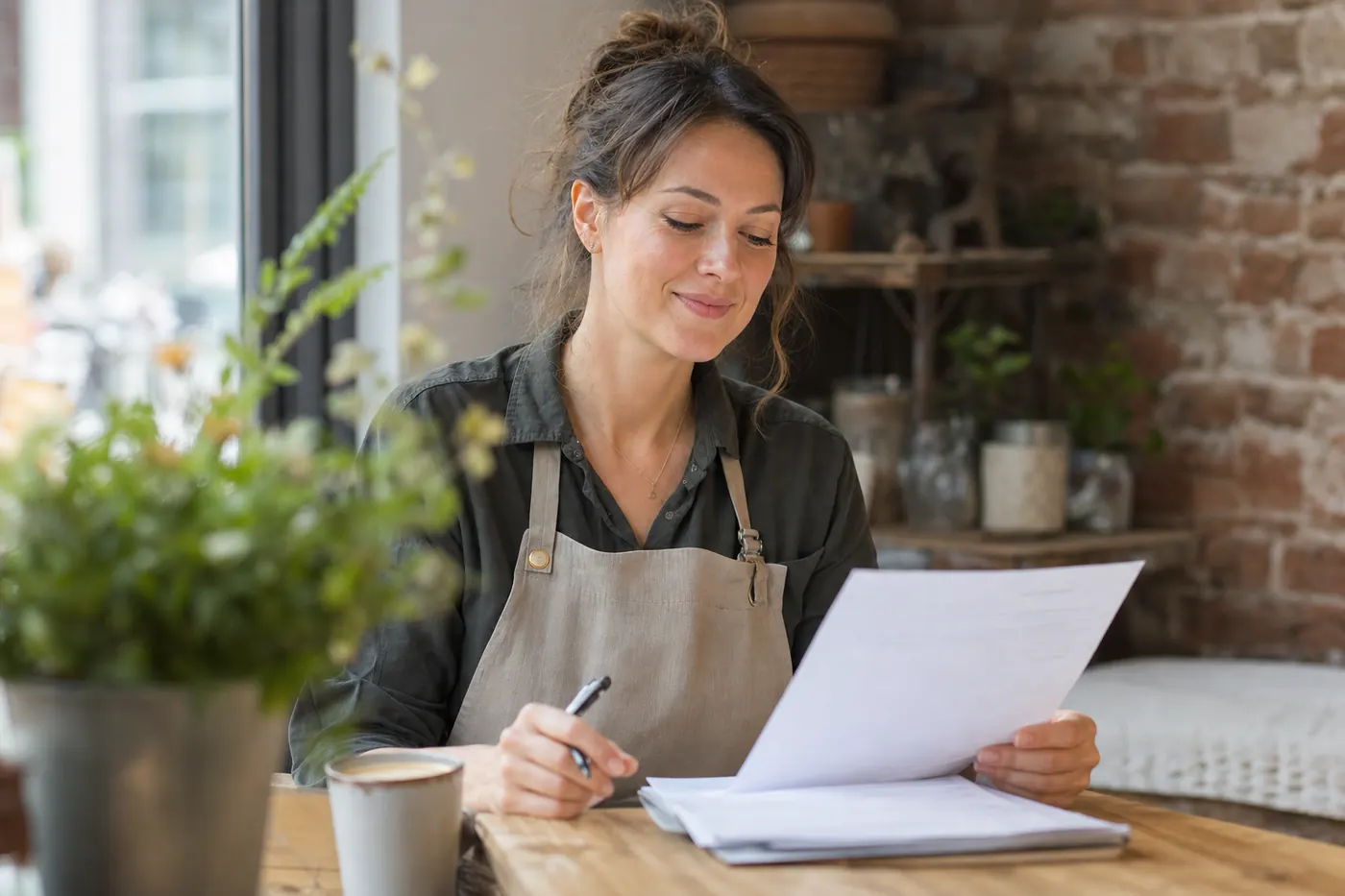 Business owner reading finance paperwork over coffee